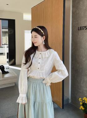 MOBAI默白【糯米丸】蕾丝绣花圆领衬衫女设计感小众娃娃衫上衣春