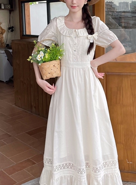MOBAI默白【罗马画报】复古方领荷叶边亚麻连衣裙女显瘦温柔长裙