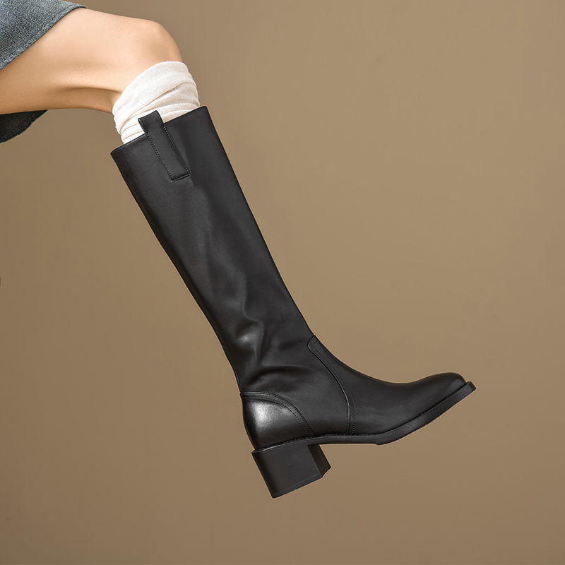 Diao'er 飒美显瘦~ 不过膝长靴女粗跟圆头高筒骑士靴小个子高跟靴
