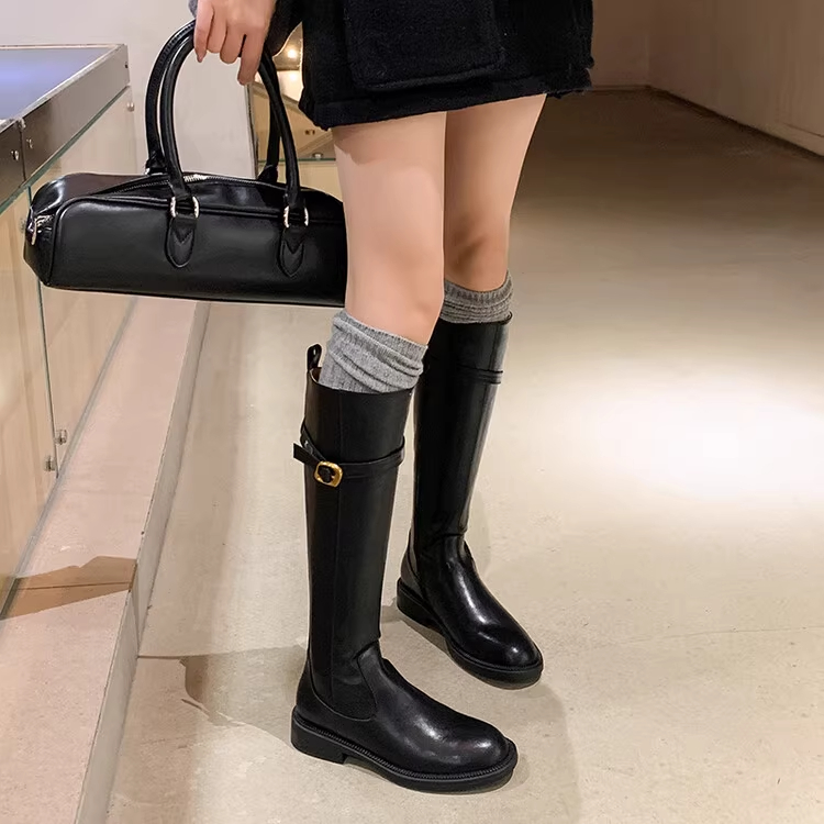 不过膝棕色长靴真皮平底骑士靴