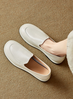 狸小然复古真皮内白色乐福鞋女2025新款黑色鞋一脚蹬小众设计女鞋