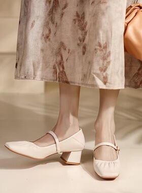 复古2025春夏新款中跟银色玛丽珍鞋女绝美单鞋粗跟真皮白色高跟鞋