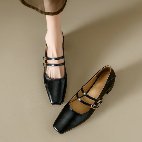 ins巨巨软！绝美~真皮一字带玛丽珍鞋女中跟法式复古方头浅口单鞋