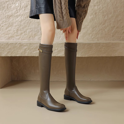 复古真皮圆头平底不过膝长靴