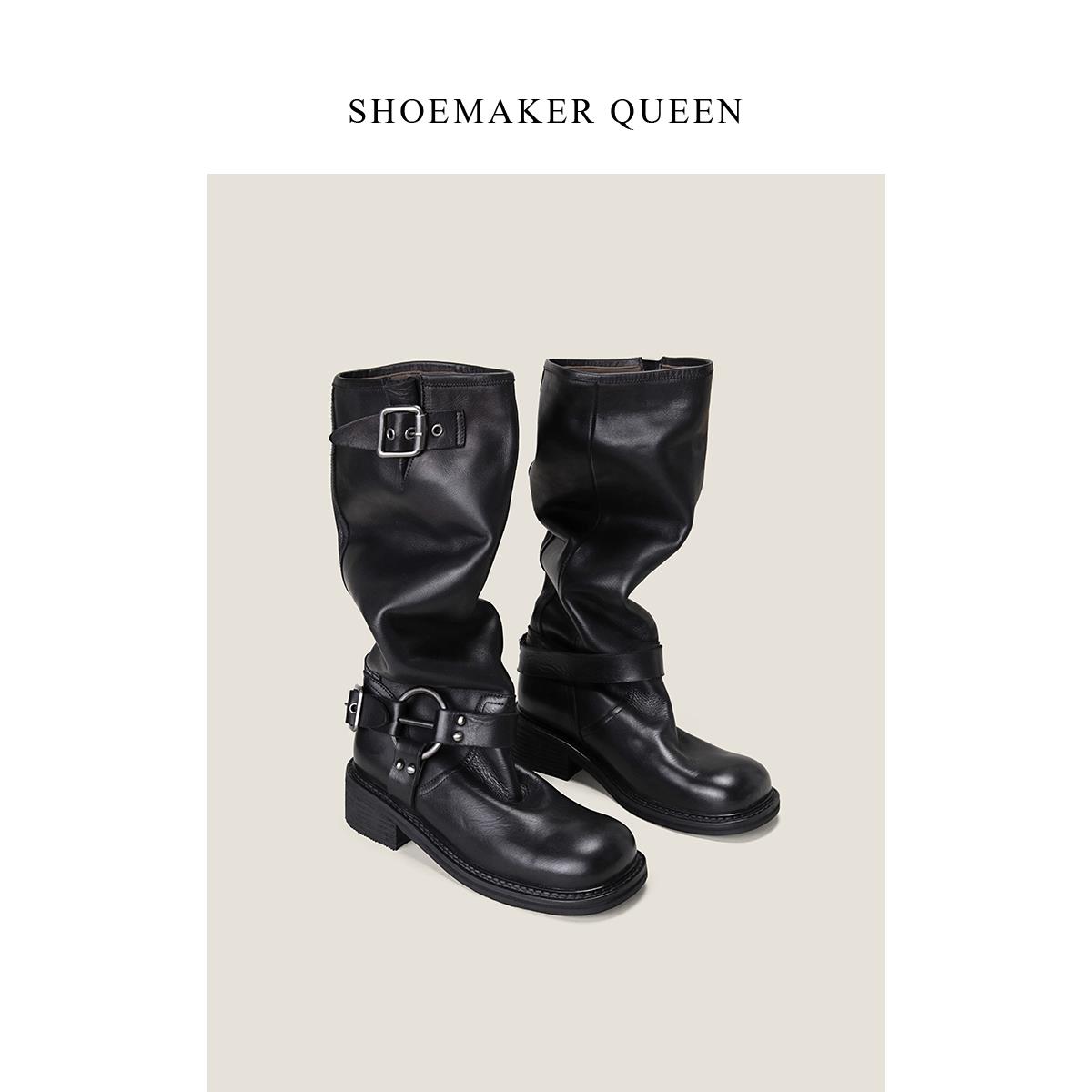 【鞋匠女王×重磅招牌】复古全皮高筒靴粗跟长靴厚底骑士靴马靴子