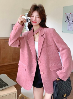 新款！2026春雪尼尔粉色少女飘带不规则西装短外套C208-P150K248