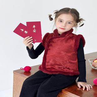 夹棉马甲国风红色加厚 儿童新中式 TUTU小象童装 女童拜年服2025新款