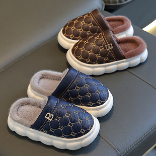 儿童拖鞋亲子居家软底加绒加厚防滑保暖冬季pu皮防水男女情侣拖
