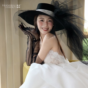 夏拉赫本风头饰黑色小礼帽头纱网纱花朵法式 复古平顶帽新娘名媛