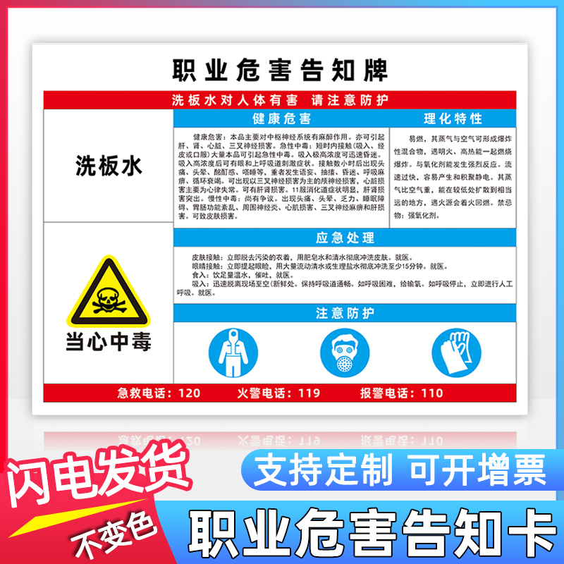 洗板水职业病危害告知卡G183工厂车间工地安全标识牌全套噪声噪音粉尘油墨硫酸职业危害告知卡定制警告标志