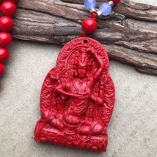 天然朱砂四臂观音吊坠男女观音菩萨项链笑脸坐款莲花观音挂件