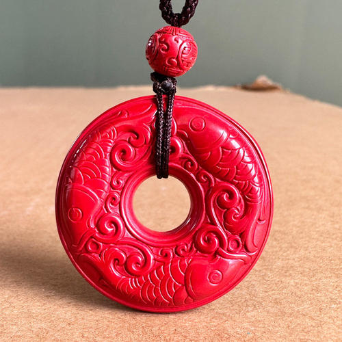 真品原矿帝王红大平安扣吊坠三条鱼随身古纹团圆三生万物国风挂件