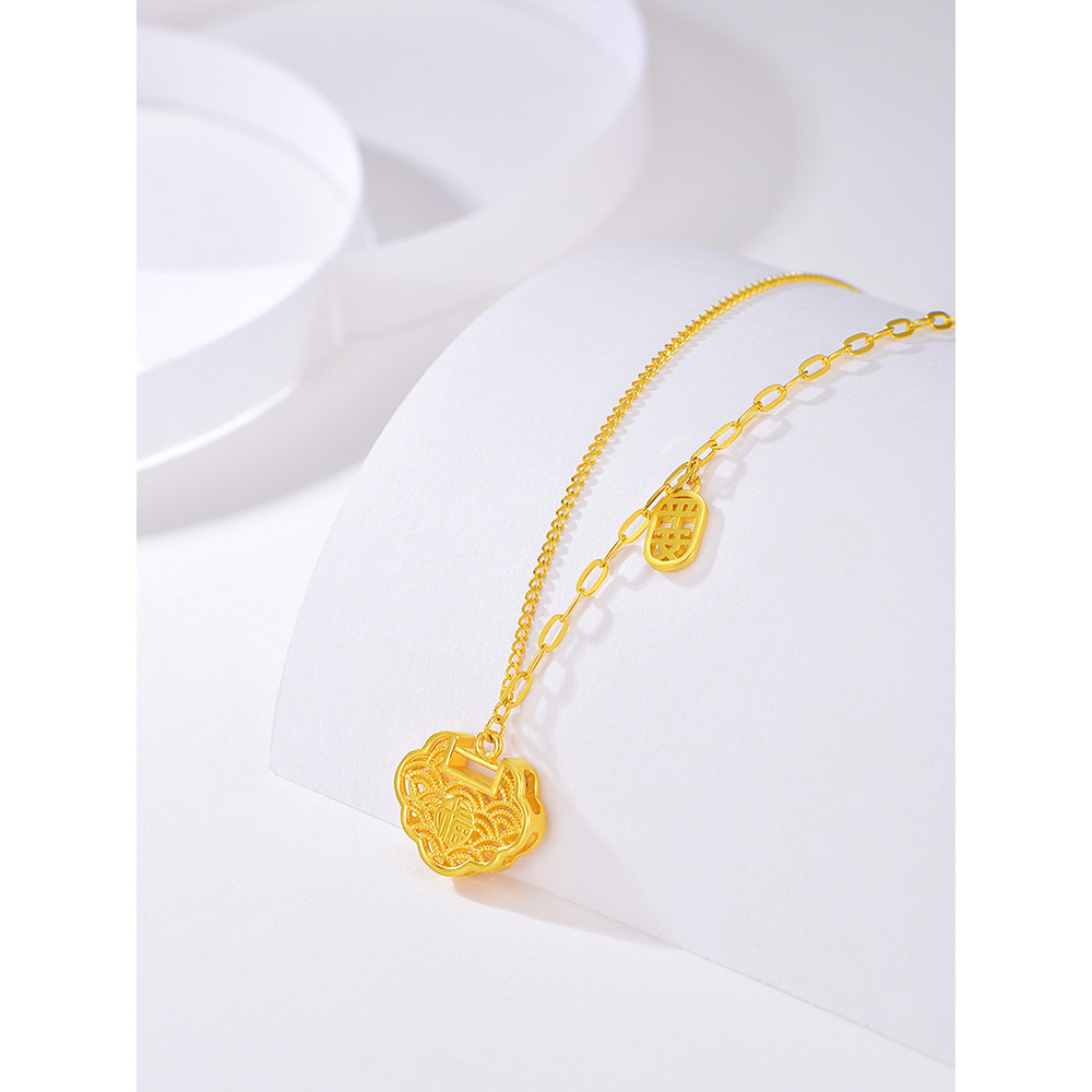 黄金平安锁项链女纯金足金福字宝宝小金锁婴儿长命锁吊坠颈饰送礼