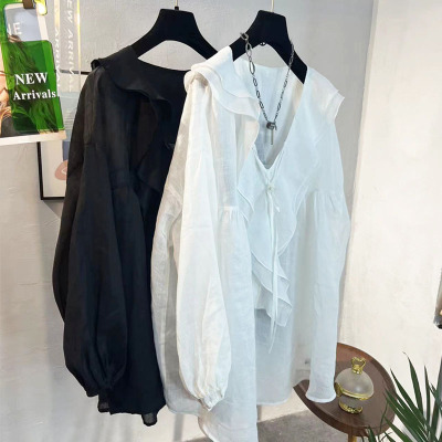 宽松休闲套头苎麻荷叶边衬衫大码