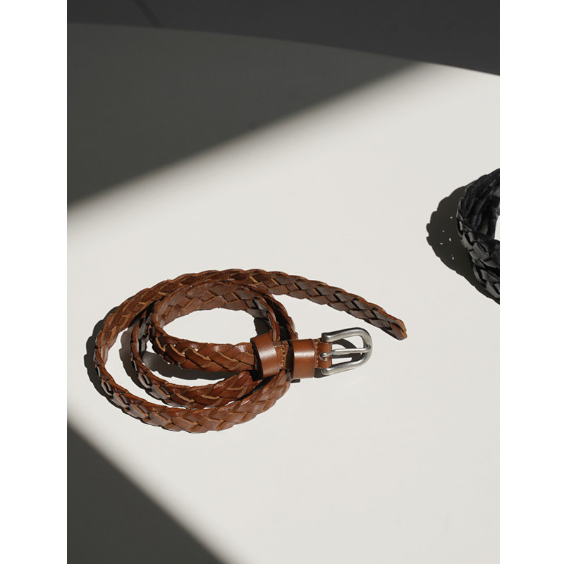 PANLULUPAN小众原创定制头层牛皮真皮编织磨砂银扣复古文艺细腰带