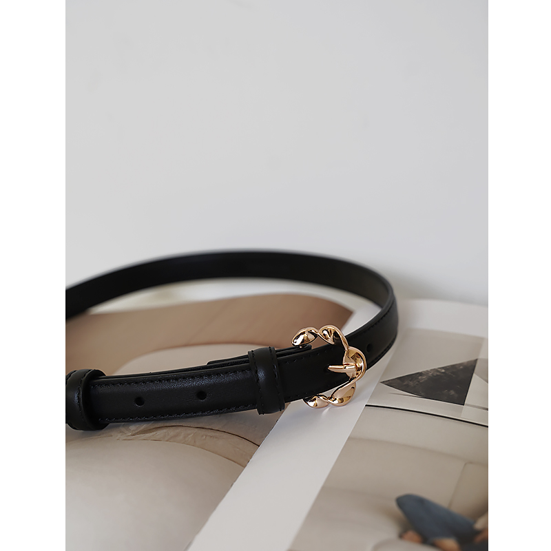 PANLULUPAN小众针扣休闲飘带原创头层牛皮女腰带皮带时尚百搭黑色