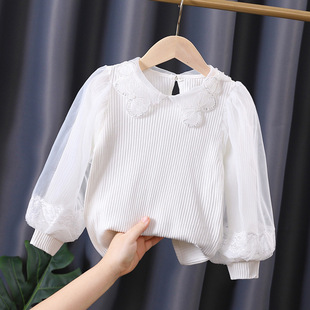 童装女童上衣春秋款薄款儿童长袖纯棉坑条打底衫小女孩泡泡袖t恤7