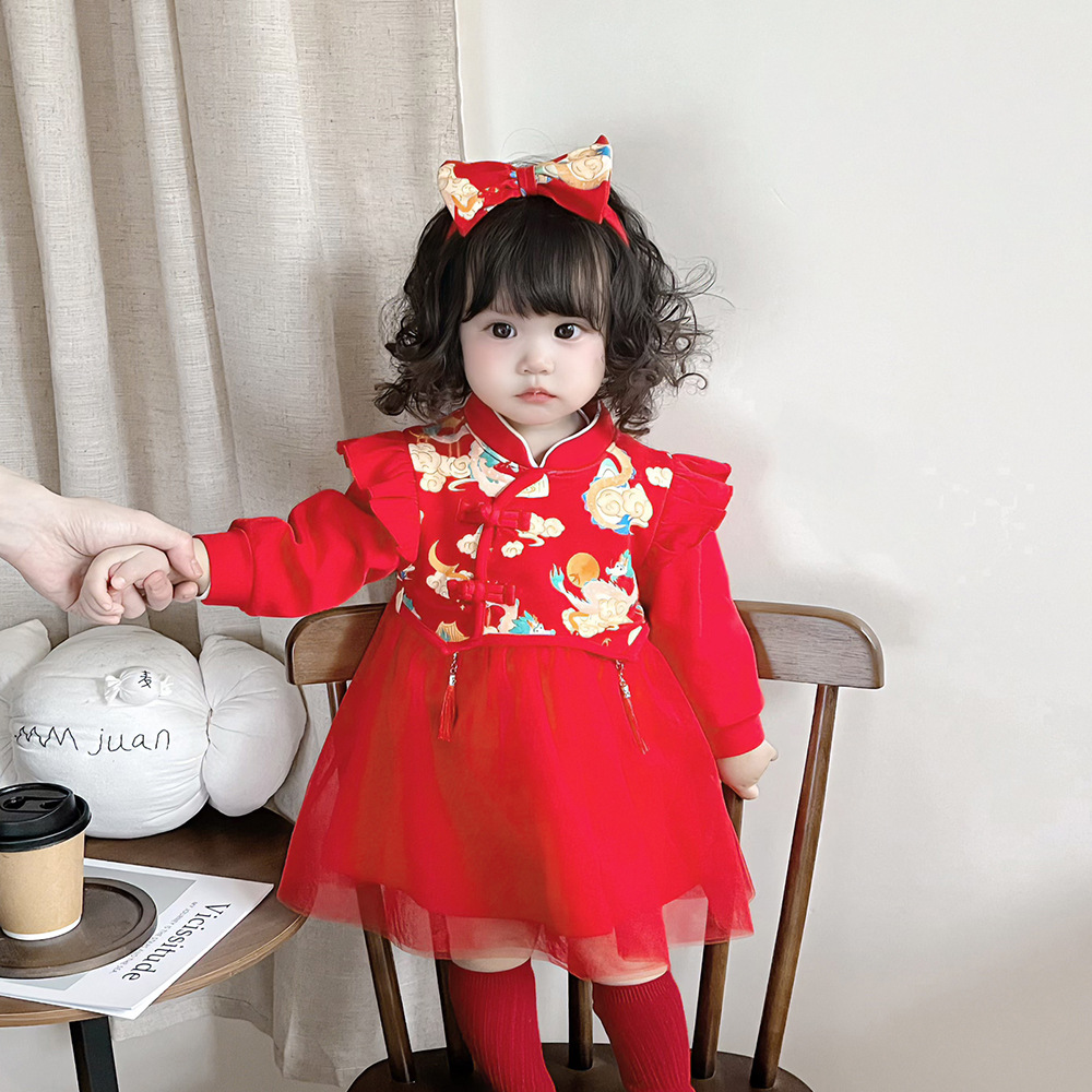 女童宝宝新年拜年服春秋周岁唐装连衣裙5052红色中国风百天满月礼