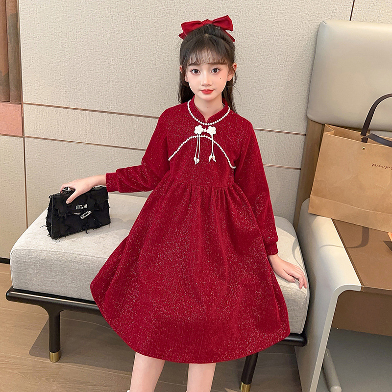 女童连衣裙秋冬加厚红色新年装公主裙子儿童中国风汉服过年拜年服