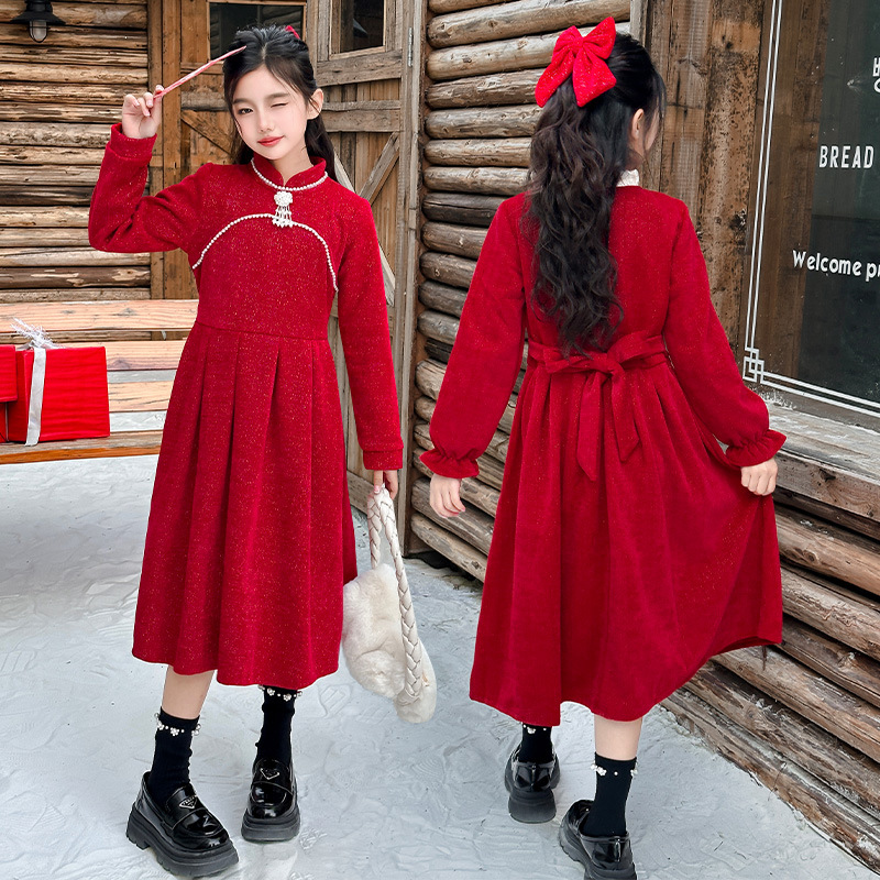 新中式旗袍礼服女童秋冬连衣裙新款中大童红色新年服小女孩公主裙