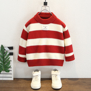 男童毛衣2025冬季新款儿童加厚红白条纹针织衫宝宝男孩保暖打底衫