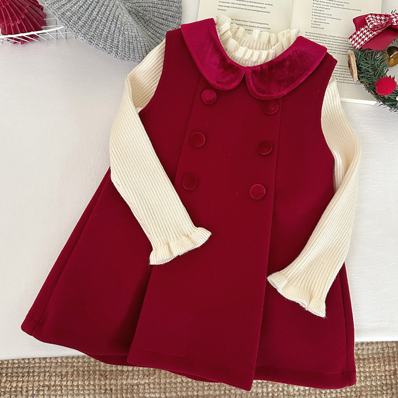 女童红色毛呢背心裙冬季2025新款宝宝加绒连衣裙儿童加厚过年裙子