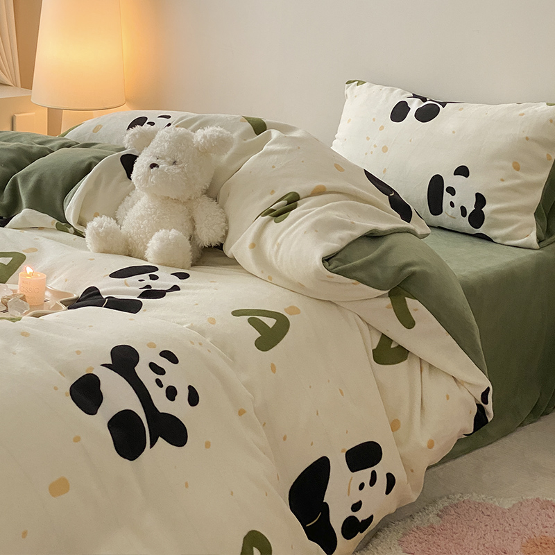 ins风可爱卡通印花牛奶绒四件套