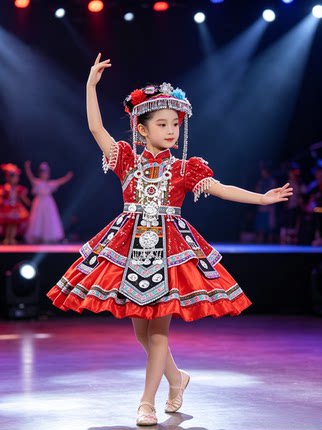 高端定制快乐阳光彝族独唱舞台服装少数民族服装女童羌族苗族服饰