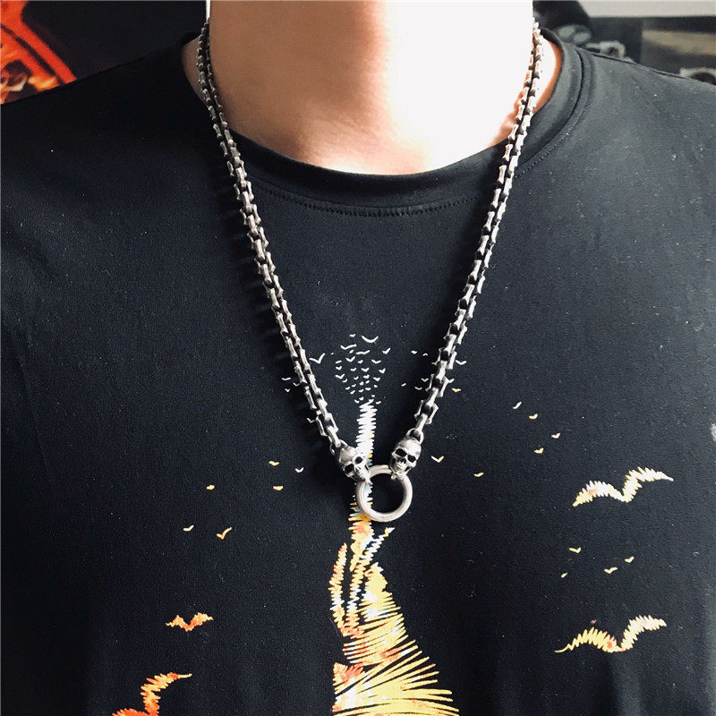 千银厚果5.5mm粗棱角骷髅套头链无缝焊接潮男女项链复古手工925银