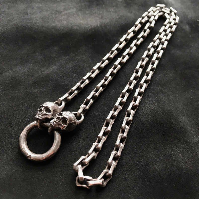 千银厚果 6mm粗棱角骷髅套头链 潮男女项链无缝焊接复古925银手工