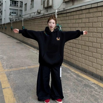 美式复古高街连帽卫衣女2025新款宽松加绒加厚韩系慵懒风黑色外套