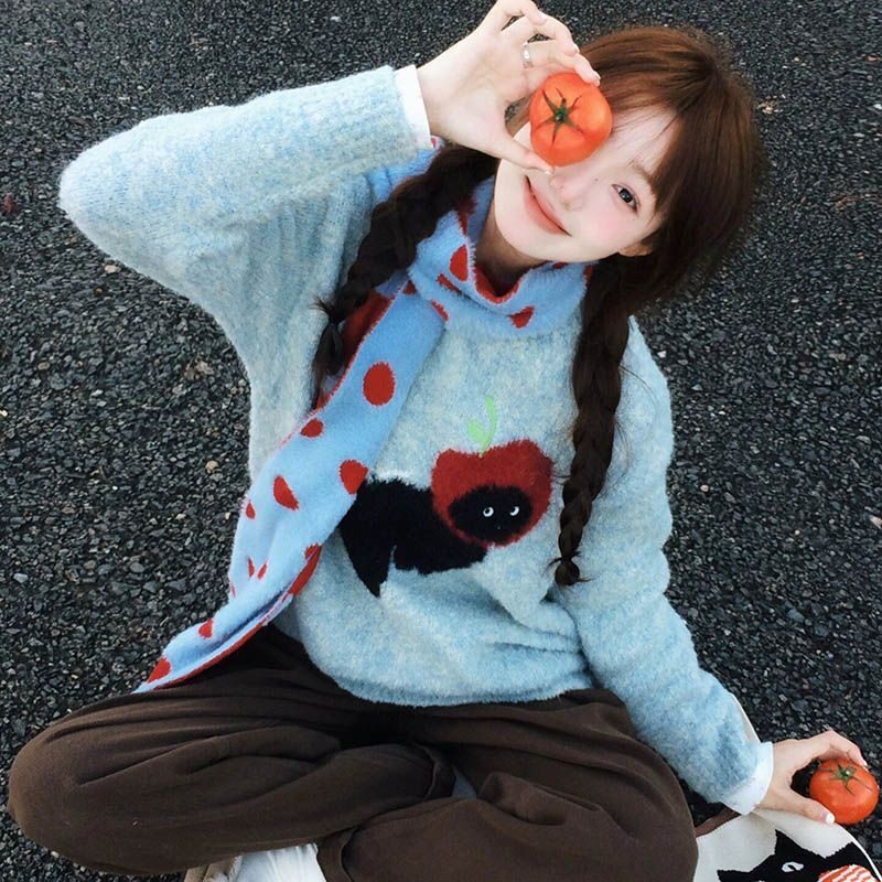 甜美可爱苹果小狗提花圣诞毛衣女学生秋冬季宽松学院风蓝色针织衫