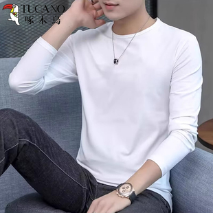 潮休闲圆领打底衫 啄木鸟白色长袖 新款 上衣2024秋冬季 男T t恤男士