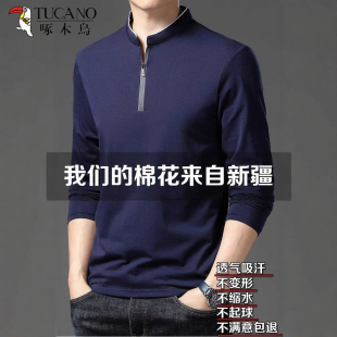 纯色立领春秋新款 啄木鸟长袖 t恤男士 中青年修身 纯棉上衣打底衫