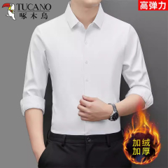 啄木鸟加绒加厚白色衬衫男长袖保暖免烫商务正装高弹力纯色衬衣