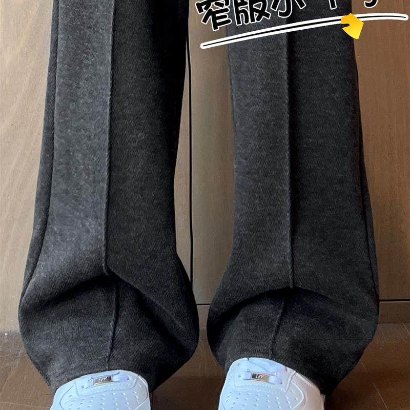 黑色人字纹毛呢阔腿裤女2025新款秋冬加绒羊毛裤小个子窄版直筒裤