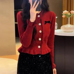小香风红色毛衣外套女秋冬2026新款爆款时尚洋气短款针织开衫上衣