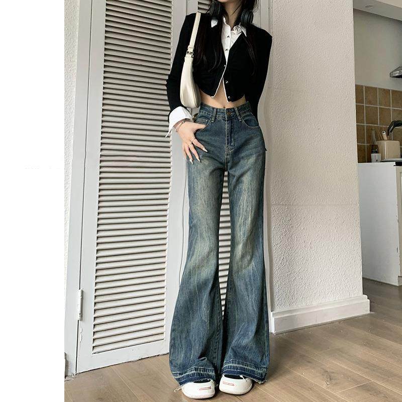 复古牛仔裤女春秋2026新款美式高腰显瘦百搭阔腿不贴腿微喇叭裤子