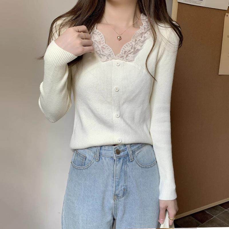 气质修身蕾丝拼接v领针织衫女2025秋冬新款韩风设计感内搭上衣潮