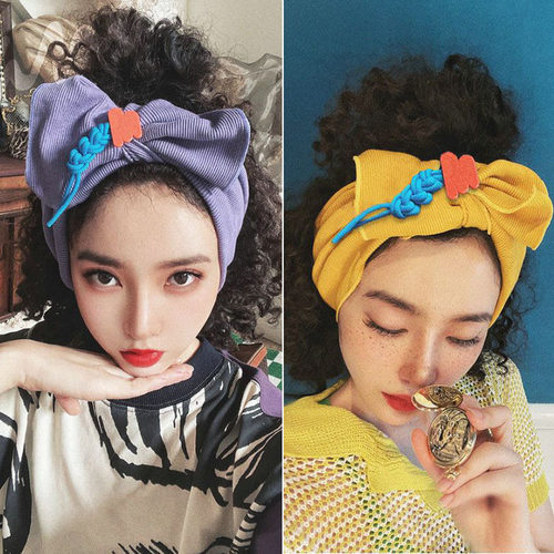 洋气撞色不对称大蝴蝶结针织束发带弹力洗脸包头巾发卡少女宽发箍