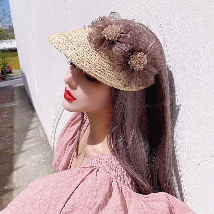 大牌超仙水晶大花朵草编空顶帽度假草帽海边沙滩帽子防晒遮阳帽女