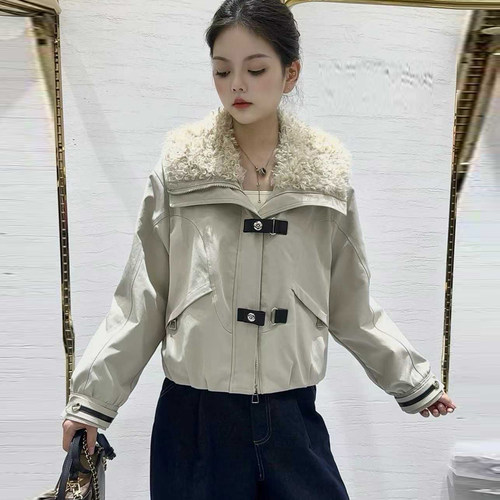 羊羔毛大翻领加绒工装外套女短款