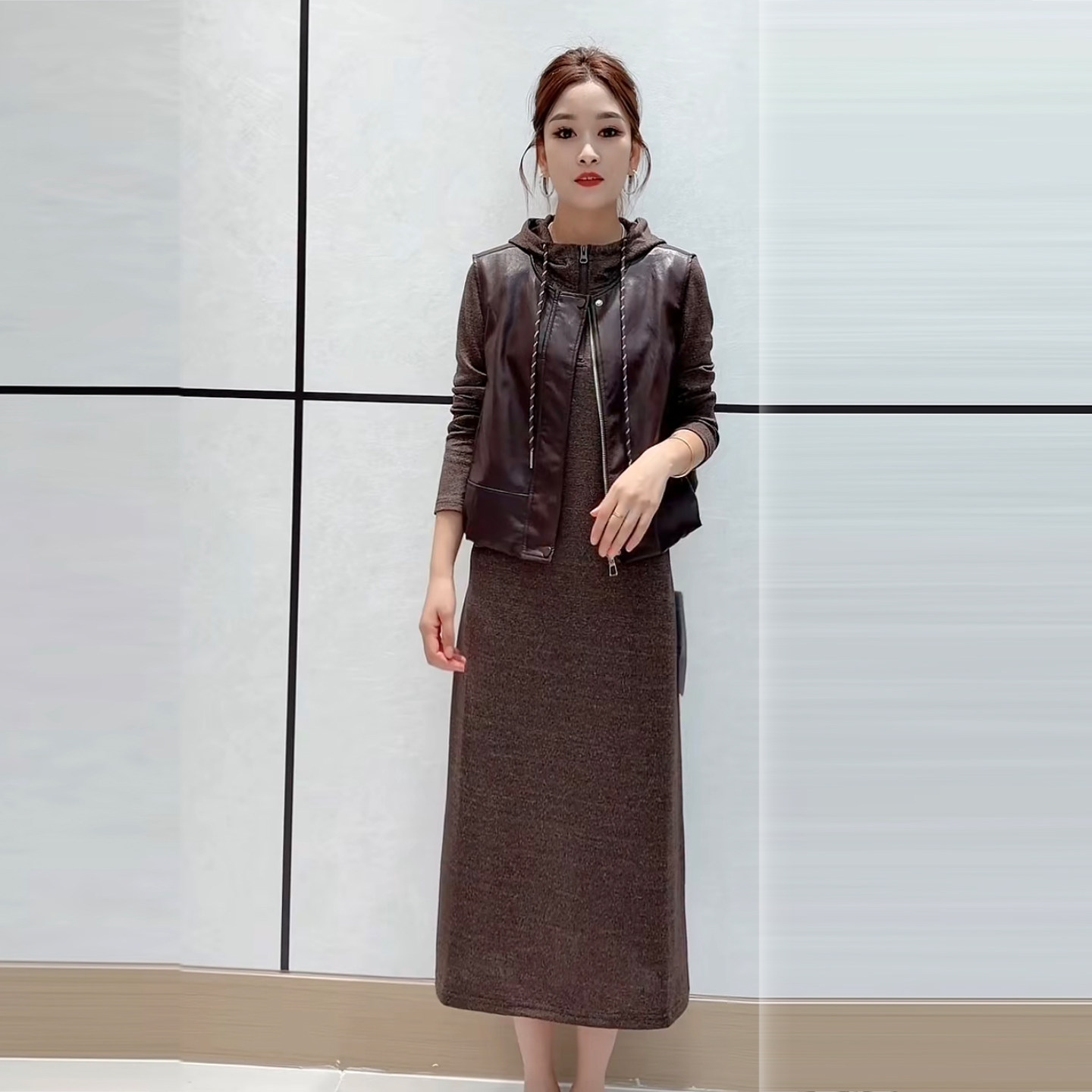 韩系PU皮马甲连衣裙两件套装女
