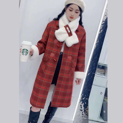 高级感加绒毛呢格子外套女中长款