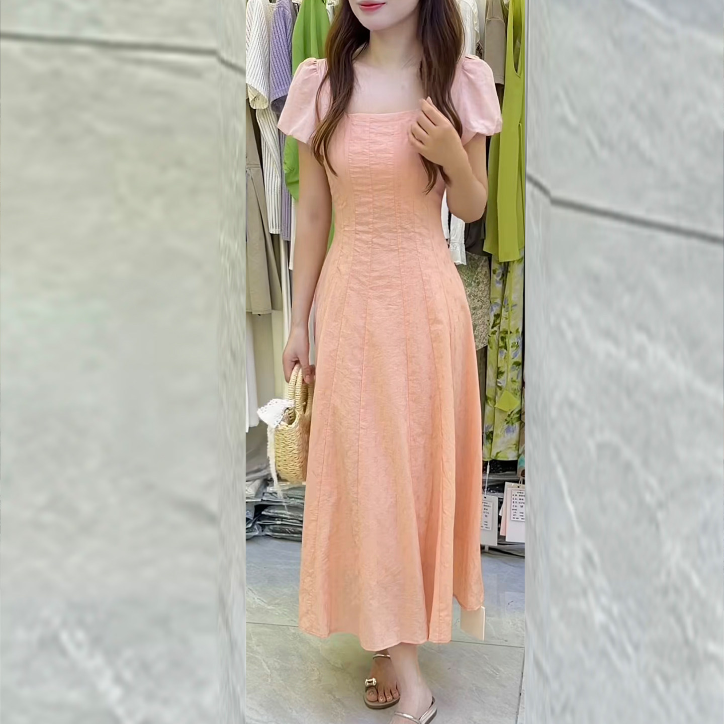 法式气质时尚方领泡泡袖连衣裙女