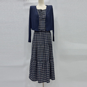 格子套装 防晒开衫 潮 显瘦气质复古法式 时尚 吊带 半身裙三件套秋季