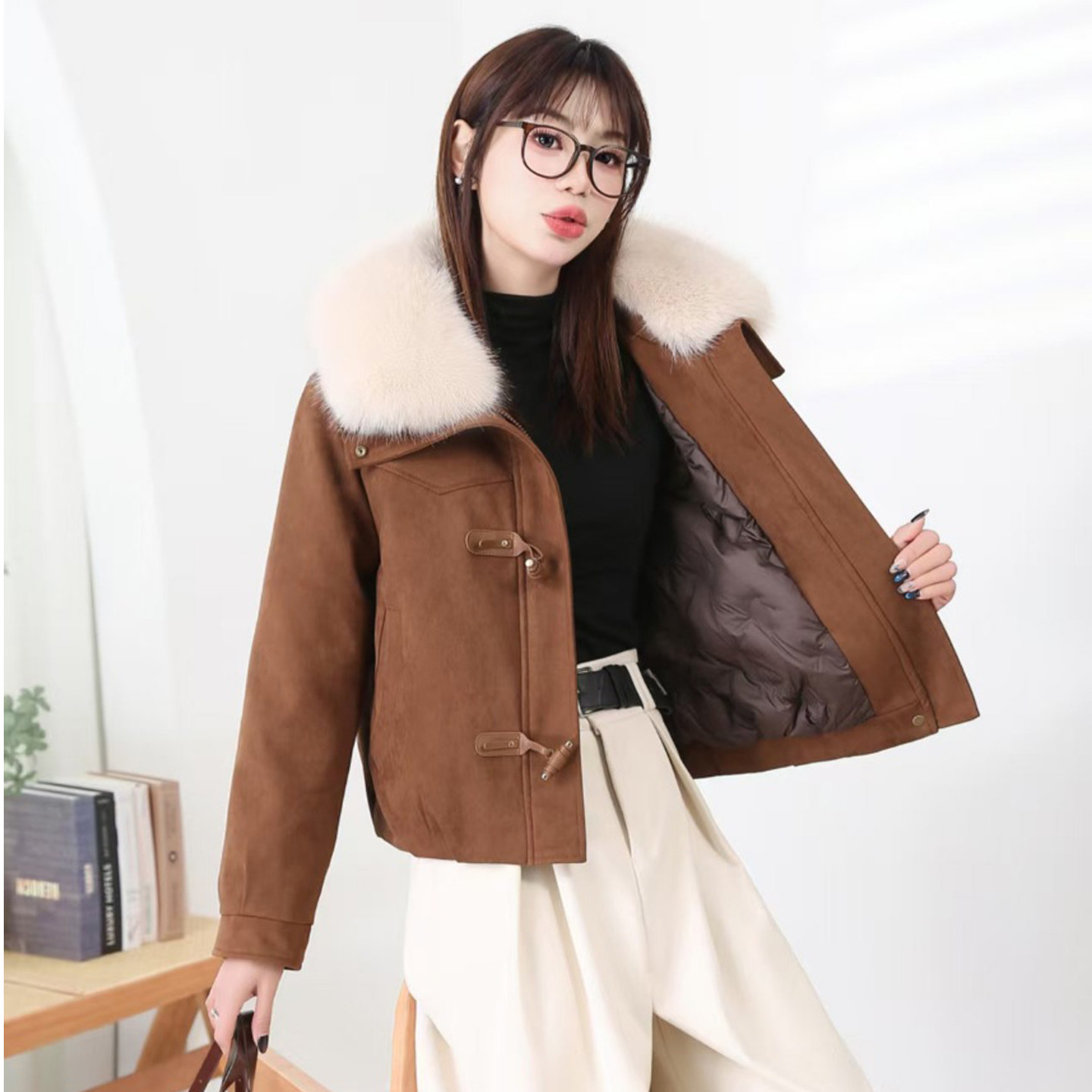 可拆卸领羽绒服冬短款鹿皮绒外套