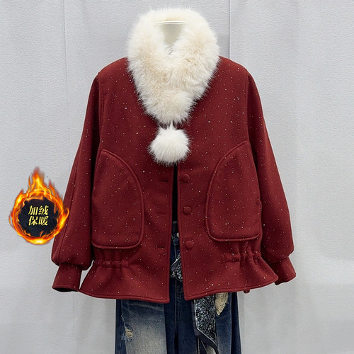 围脖亮闪闪加绒仿毛呢外套女呢子