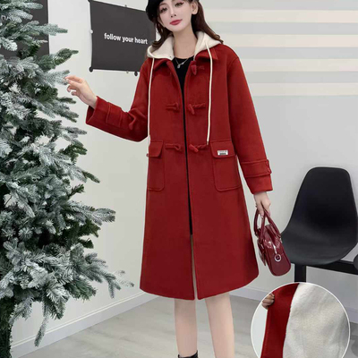 加绒加厚牛加扣毛呢外套女中长