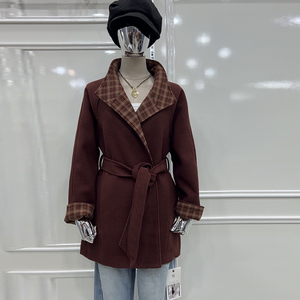 韩系格子拼接毛呢外套女冬季新款时尚气质显瘦高级感小个子呢大衣